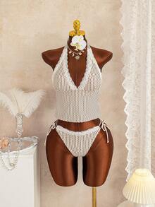 Swim Mod 女士沙滩音乐波点蕾丝边系带吊带泳衣套装，春夏可爱风 - 彩色 - 查看 3