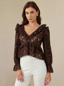 Aveloria Rosie Fashionable Sexy Rose Jacquard V-Neck Layered Ruffle Buttoned Women Blouse - Brown - View 3