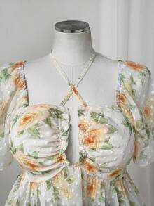 Sweetra New Vacation Elegant Sexy Beach Floral Print Textured Deep Shirred Ruffle Strap Puff Sleeve Blouse Top For Women, Cinched Waist Boho - Multicolor - View 4
