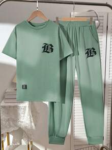 Vacaura 2pcs/Set Casual Teenage Boys' Letter Graphic & Logo Design T-Shirt Set, Fashionable Minimalist Texture Suitable For Daily Commute - Mint Green - View 3