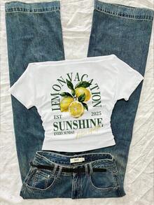 Attitoon 女士休闲腰部褶皱柠檬清新字母印花露肩紧身短袖白色T恤，适合夏季、度假、海滩、时尚、Y2K风格 - 白色 - 查看 7