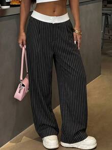 SHEIN EZwear 女士条纹口袋纽扣褶裥休闲百搭日常阔腿裤 - 黑色 - 查看 9