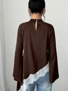 Elenzga Women's Asymmetric Hem Long Sleeve Contrast Lace Blouse - Brown - View 2