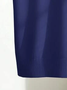 Franclia Women's Spring/Summer White Simple Casual Turndown Collar Raglan Short Sleeve Solid Color Fitted Knit Top - Navy Blue - View 5