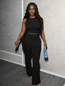 Slaydiva 2pcs/Set Summer Casual All-Match Ribbed Sleeveless Tank Top And Flare Pants Set Work From Home Outfits Women S Tracksuit Wool Two Piece - Black - View 1