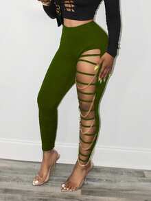 BamGleam Quần skinny nữ dáng ôm gợi cảm mới mùa thu, họa tiết dây xích kim loại rách. - xanh quân đội - Xem 3