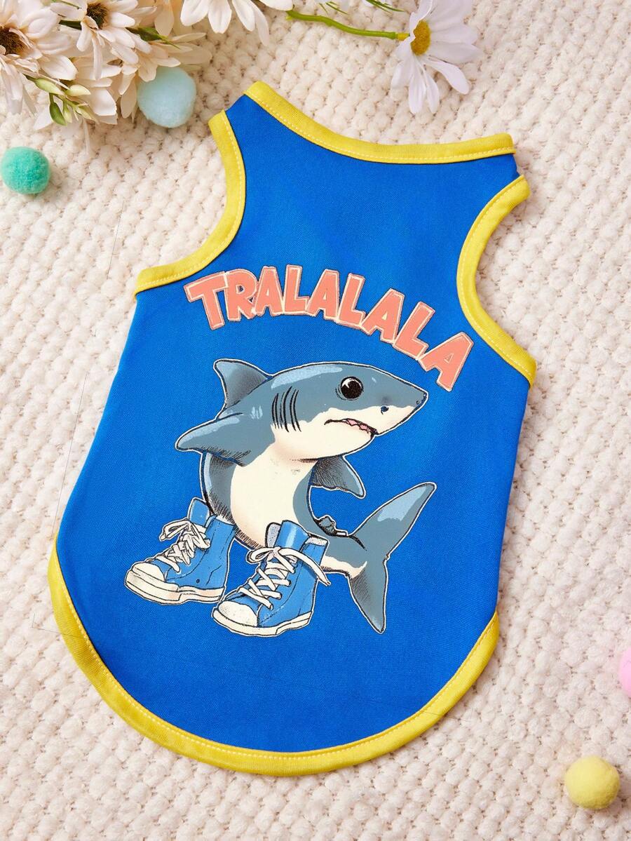 PETSIN 1件蓝色鞋子，印有鲸鱼字母图案的宠物背心，黄蓝拼接，柔软透气，舒适宠物服装 - 彩色 - 查看 1