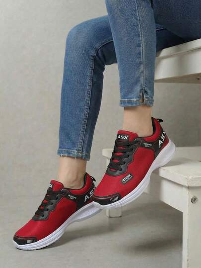 Tenis deportivos de running para mujer, con malla roja y diseño transpirable, en colores fáciles de combinar por su suela blanca, Tenis fáciles de combinar para uso deportivo de mujer, zapatillas deportivas cómodas de mujer ideales para el día a día y para hacer ejercicio