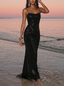 Breezaya Đầm maxi cúp ngực sang trọng, thích hợp cho tiệc sinh nhật, lễ hội, phối nhung và sequin. - màu đen - Xem 7
