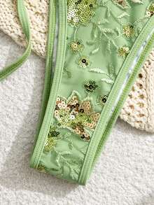 Bonvoyette 夏季新款纯色奢华刺绣亮片闪亮病毒式派对下午茶性感高衩侧系带比基尼两件套泳衣套装（女款） - 橄欖綠 - 查看 3