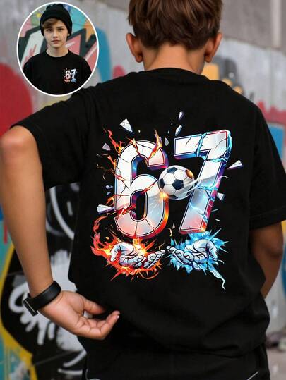 Boys' Short Sleeve T-Shirt, 67 Football Lightning Street Casual Sports Letter Print, Soft & Comfortable Summer Top