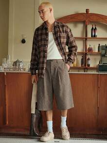 SWAVVY Quần short nam ống rộng kẻ caro thời trang, cỡ tiêu chuẩn. - Cà phê nâu - Xem 4