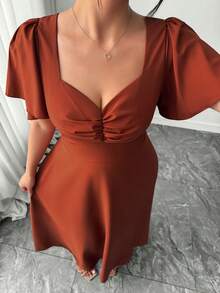 Elenzga Plus Size Women's Solid Color Sweetheart Neck Casual Spring/Summer Vacation French Retro Elegant Commuter Dress - Coral Orange - View 5