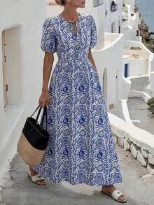 Breezaya Vestido largo de manga corta con cuello redondo, estampado floral, lazo delantero y abertura, vestido de línea A para primavera/verano; Vestido largo casual con lazo en el cuello, manga de tulipán y línea A para 2026; Vestido de vacaciones de verano; Vestido de primavera para mujer; Vestido de playa; Vestido de cumpleaños; Vestido de salida para mujer; Vestido casual elegante para viajes/vacaciones; Vestidos casuales para mujer; Vestidos azules para mujer; Vestido de graduación; Vestidos de verano para mujer, conjunto de Santorini - Azul y blanco - Ver 9