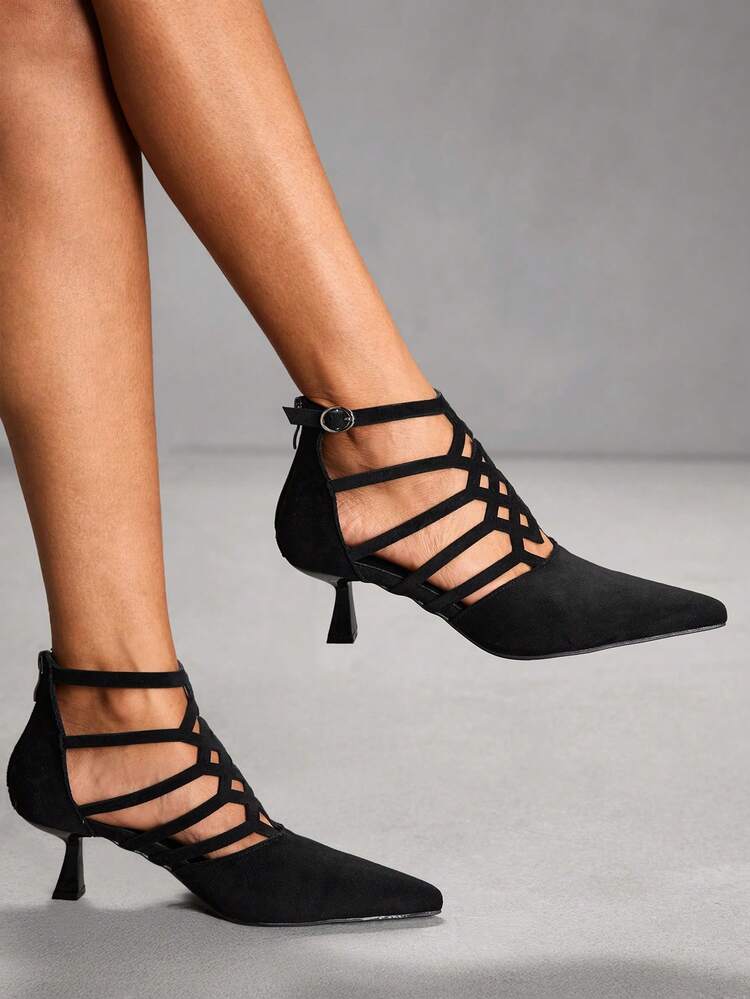 CUCCOO SZL Women Shoes Hollow Design Pointed High Heels Sneakers Sexy Faux Suede Black High Heels Sneakers Party Dating Daily