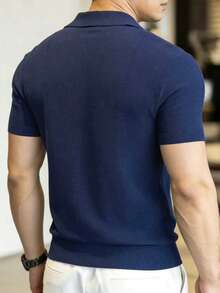 Manfinity Dauomo Men's Casual Solid Color Polo Collar Short Sleeve Knit Top - Blue - View 2
