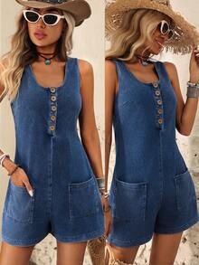 Brillora Quần yếm và áo liền quần denim nữ kiểu retro đa năng có nút cài túi, áo liền quần denim không tay có nút cài phía trước và túi, trang phục mùa hè, trang phục mùa xuân, váy lễ Phục sinh cho nữ, áo liền quần ngày lễ Thánh Patrick cho nữ, áo liền quần đi biển, áo liền quần đi chơi, áo liền quần thường ngày cho nữ. - Rửa nhẹ - Xem 1