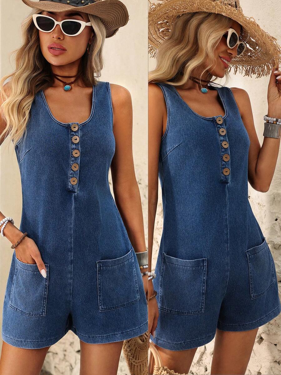 Brillora Quần yếm và áo liền quần denim nữ kiểu retro đa năng có nút cài túi, áo liền quần denim không tay có nút cài phía trước và túi, trang phục mùa hè, trang phục mùa xuân, váy lễ Phục sinh cho nữ, áo liền quần ngày lễ Thánh Patrick cho nữ, áo liền quần đi biển, áo liền quần đi chơi, áo liền quần thường ngày cho nữ. - Rửa nhẹ - Xem 1