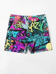 Children's Fashion And Cool Colorful Graffiti Beach Pants, Summer New Quick Drying Casual Shorts, High Street Printed Design, Skin Friendly, Breathable And Sweat Free For Boys And Girls, Beach Vacation, Beach Swimming Pool, Water Park, Fashionable Dressing, Personalized And  Fashion Must-Have Graphic Shorts Rave Shorts Custom Shorts Surf Shorts Sport Shorts - Multicolor - View 6