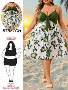 SHEIN CURVE+ Curve 尺码 US22 音乐节、海滨度假、波西米亚风女士印花系带夏季沙滩连衣裙，女士夏季连衣裙 - 綠色 - 查看 9