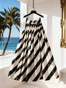 Franclia Striped High Waist Pleated Skirt, Fresh Summer, Vacation, Versatile, Daily, Commute - Apricot - View 4