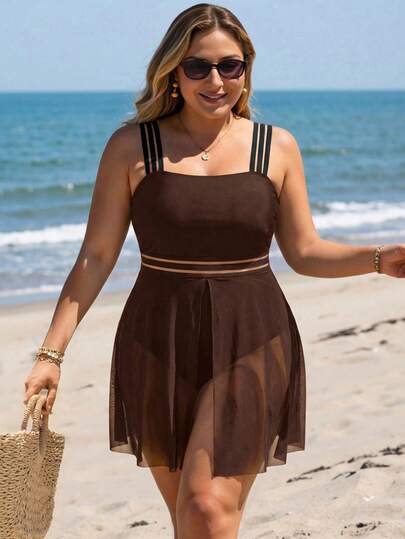 Swim Lushoire Büyük Beden Kadın Kontrast Renkli File Etekli Tek Parça Mayo, Günlük Plaj Tatili İçin