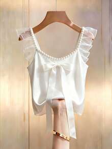 Franclia White Pearl Strap, Mesh Ruffle Shoulder Strap, Bow Satin Lining Outerwear Blouse For Women, Elegant Style - White - View 1