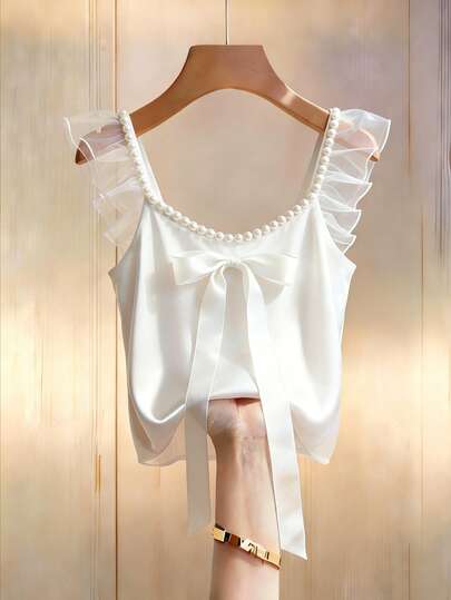 Franclia White Pearl Strap, Mesh Ruffle Shoulder Strap, Bow Satin Lining Outerwear Blouse For Women, Elegant Style