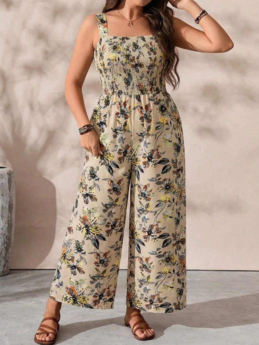 EMERY ROSE Plus Size Women Floral Print Pleated Casual Jumpsuit Pants - Multicolor - View 1