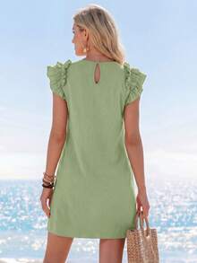 SHEIN LUNE Vestido mini ajustado con volantes de unicolor tejido para vacaciones - Verde - Ver 3