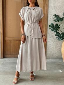 EMERY ROSE Women's Solid Color Round Neck Top And Skirt 2-Piece Set, Fashionable For Dates And Outings 2 Piece Sets Woman Dress Summer Outfit For Women Coords For Women Casual Classy Work Outfits For Women Office Outfits For Women - Apricot - View 5