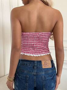 CovetEZ 格子撞色蕾丝蝴蝶结装饰休闲吊带背心 女士连衣裙 女士夏季连衣裙 女士夏季套装 女士野餐连衣裙 女士夏季套装 - 紅色 - 查看 5