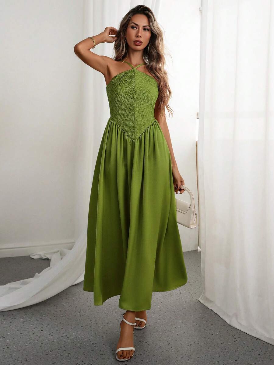 Rafferiza Women's Solid Color Elegant Party Halter Dress - Green - View 1