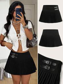 SHEIN Coolane 女士春夏街头风时尚学院风复古商务休闲基本款辣妹风舒适黑色修身百褶裙搭配平角鞋 - 黑色 - 查看 2