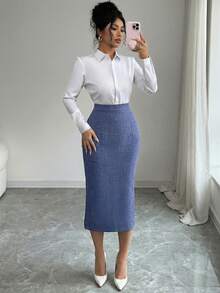 SHEIN Elenzya Chân váy bút chì xếp ly ôm sát thanh lịch dành cho nữ - Màu xanh lam - Xem 3