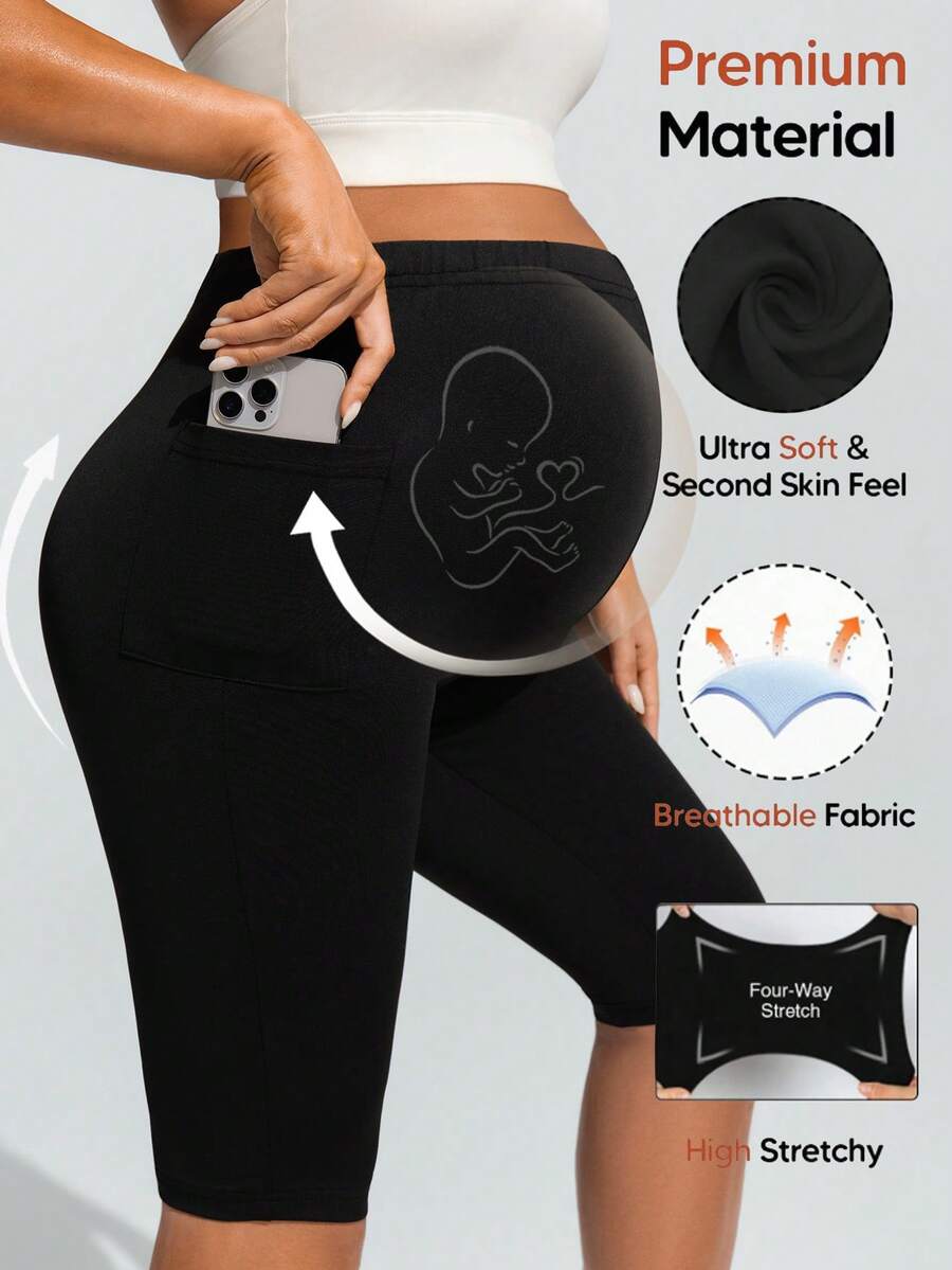 SHEIN Maternity Solid Color Casual Pocket Leggings, Comfortable & Stretchy,Word Cup - Black - View 1