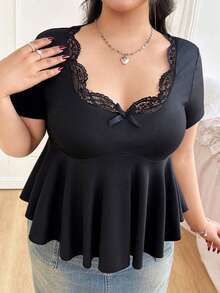 CovetEZ Plus Size Summer Sweet Elegant Lace Patchwork A-Line Elastic Black T-Shirt Night Out - Black - View 3
