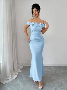 Rafferiza Đầm ôm sát trễ vai xếp ly họa tiết hoa thanh lịch, quyến rũ, gợi cảm, thích hợp cho tiệc tùng, kỳ nghỉ, mùa xuân/hè. - Màu xanh lam - Xem 6