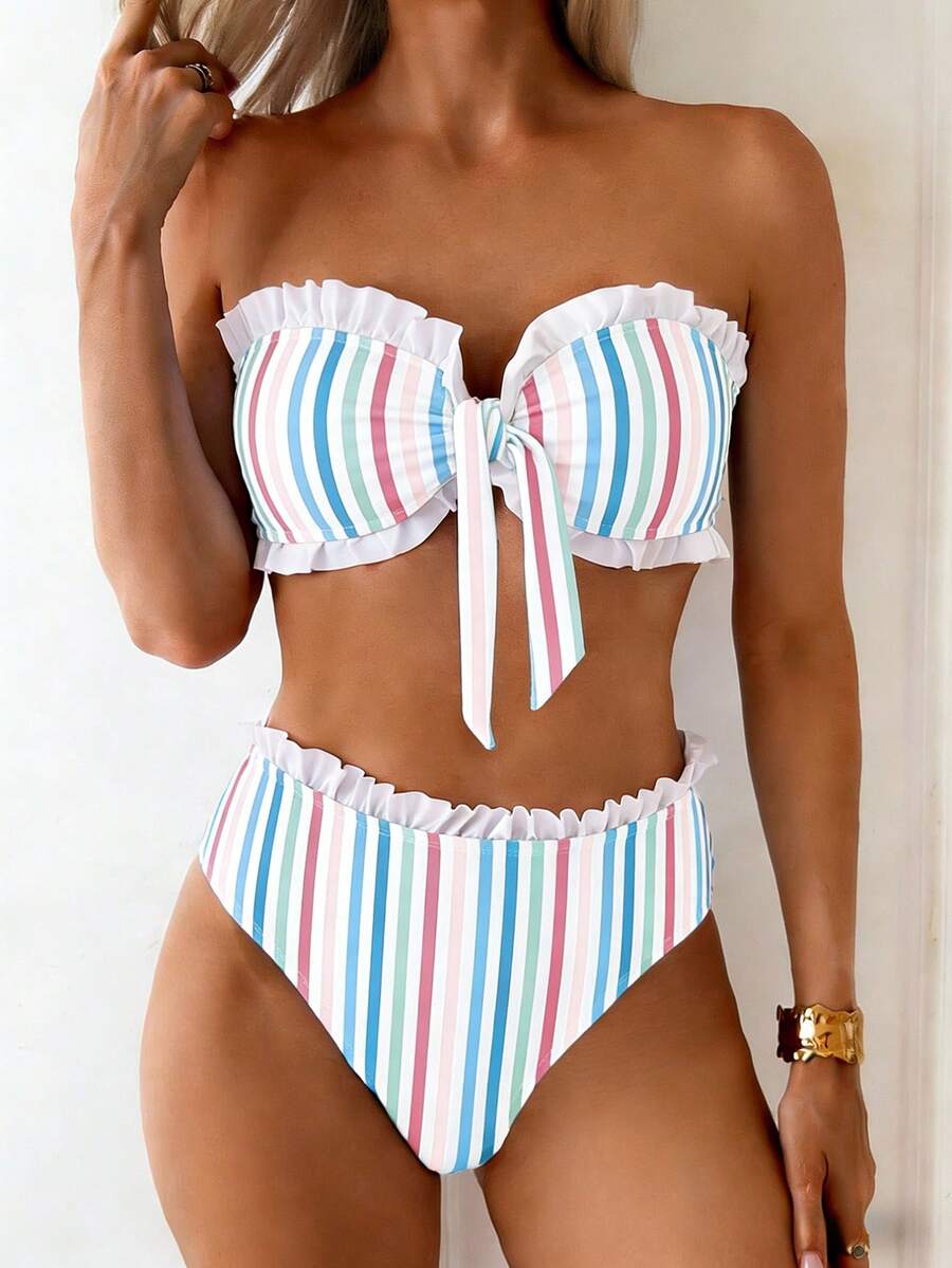 SHEIN Swim Spring/Summer Beach Vacation Striped Print 2 Pieces Set, Ruched Neckline, Ruffled Hem Pants - Multicolor - View 1