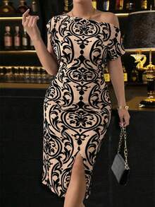 SHEIN Elenzya Stor storlek Stickad Mönstrad Elegant Bara Axlar Moderiktig Och Snygg Sommarklänning - Kaki - Visa 1