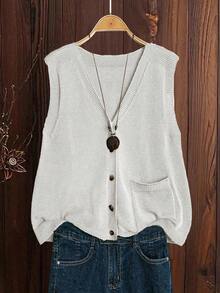 Linhara Áo vest len dệt kim cổ chữ V không tay cài nút màu trơn dành cho nữ cỡ lớn, kiểu dáng thường ngày, thích hợp mặc mùa xuân/thu, chất liệu vải lanh, trang phục thường ngày cho nữ, áo nữ mùa hè, áo vest rộng rãi cho nữ. - trắng - Xem 1