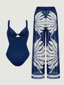 Swim Oasis Women's Tropical Plant Print Hollow-Out One-Piece Swimsuit With Coverup And Pants For Vacation - Blue - View 4