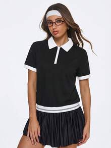 Eassivo Eassivo 女士休闲拉链短袖运动Polo衫，夏季 - 黑色 - 查看 3