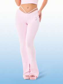 BABYPHAT 女士高腰喇叭紧身裤，腰部饰有绑带，并印有天使翅膀图案，粉色弹力针织面料 - 粉色 - 查看 6