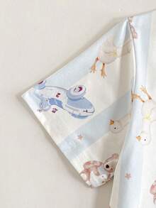 两件套男童可爱蓝白条纹鸭熊印花纽扣衬衫和裤子舒适阻燃睡衣套装 - 藍色 - 查看 5