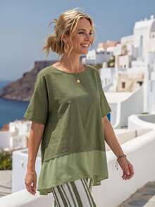 EMERY ROSE 女士圆领短袖休闲宽松衬衫 - 綠色 - 查看 5