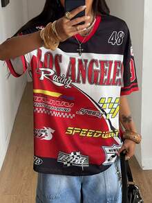 Coolane 女士夏季节日复古街头运动服号码印花超大棒球衫T恤 - 紅色 - 查看 4