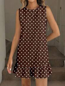 Easowa Women's Summer Casual Brown And White Polka Dot Tea Party Mini Dress,Bohemian Elegant Retro Print Pattern,Suitable For Beach Vacation Outfits - Multicolor - View 4