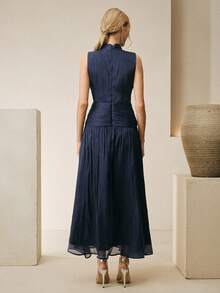 Anewsta 女士藏蓝色圆领无袖褶裥腰身优雅雪纺连衣裙 - 藏蓝色 - 查看 3