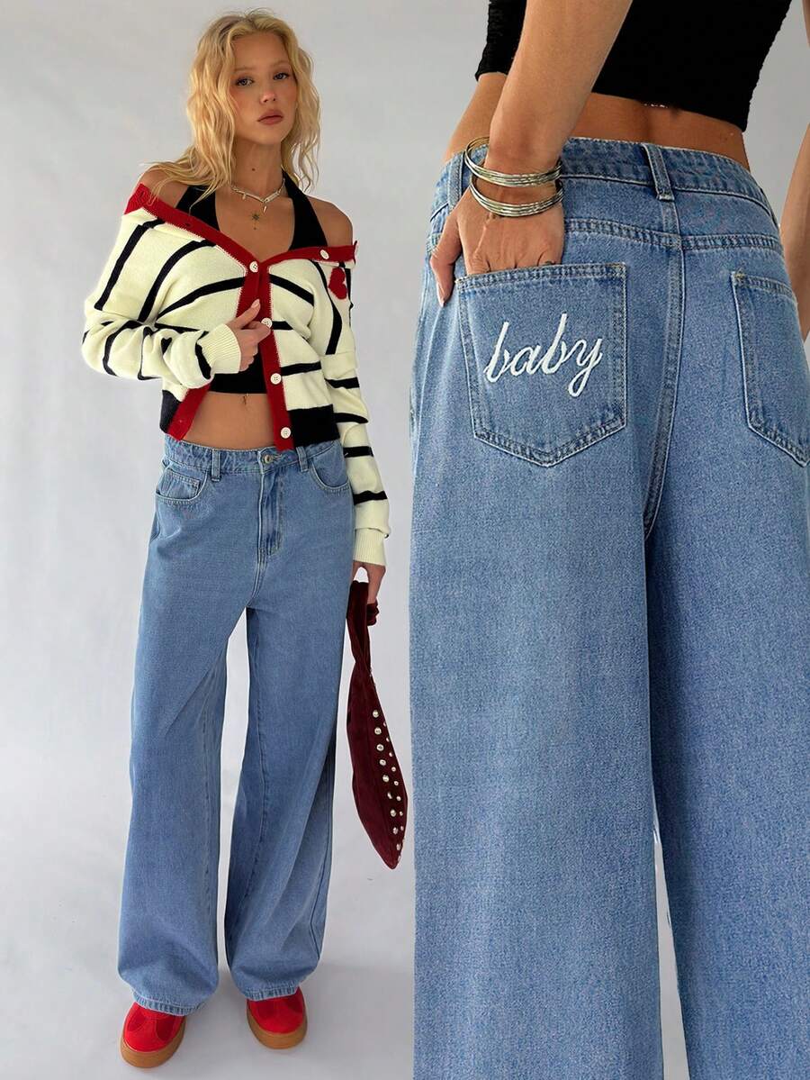 SHEIN TRNDY Casual Summer Straight Loose Fit Jeans With Pockets, Versatile Daily Wear - Light Wash - View 1